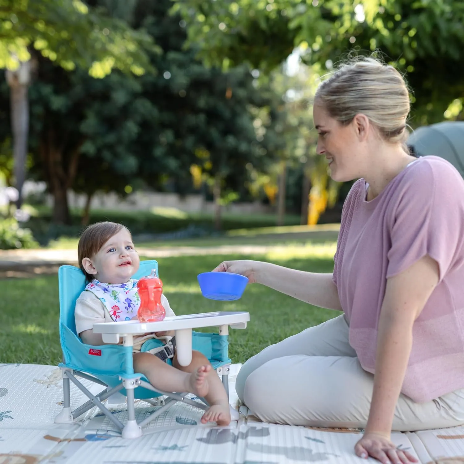 Nuby Easy Go Pop-Up Booster Seat with Removable Tray - 6  Months - Portable Booster Seat for Floor for Indoor/Outdoor Use - 3-Point Safety Adjustable Straps - Includes Travel Bag - Stripes