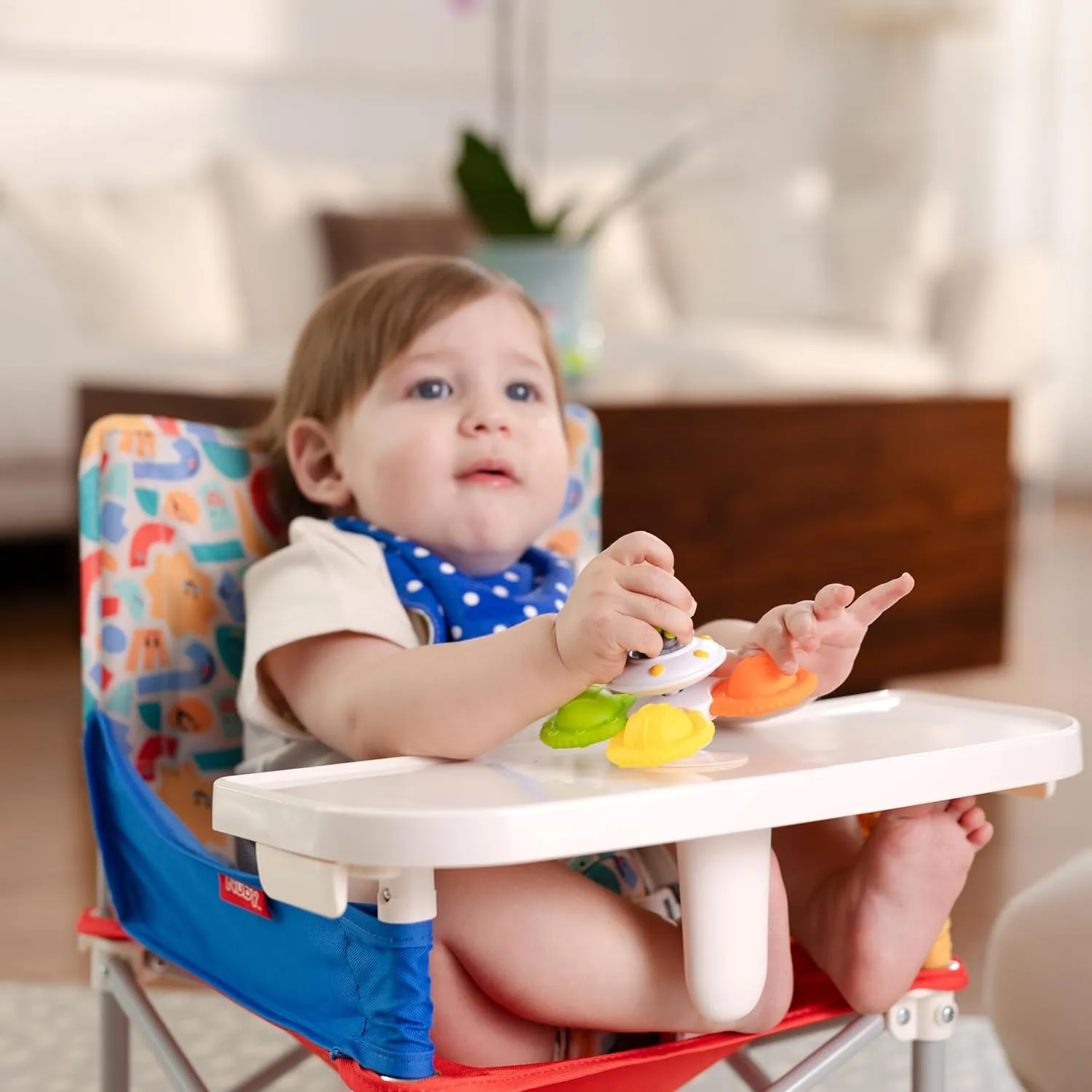 Nuby Easy Go Pop-Up Booster Seat with Removable Tray - 6  Months - Portable Booster Seat for Floor for Indoor/Outdoor Use - 3-Point Safety Adjustable Straps - Includes Travel Bag - Stripes