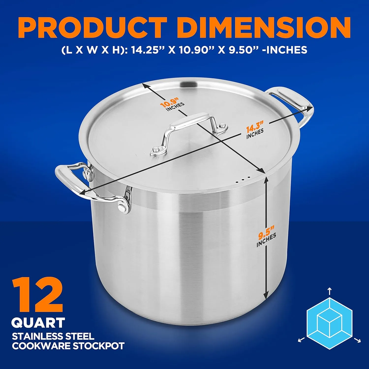 NutriChef 12-Quart Stainless Steel Stockpot with Stainless Steel Lid - 18/8 Food Grade Heavy Duty Large Stock Pot for Stew & Soup, Works w/Induction