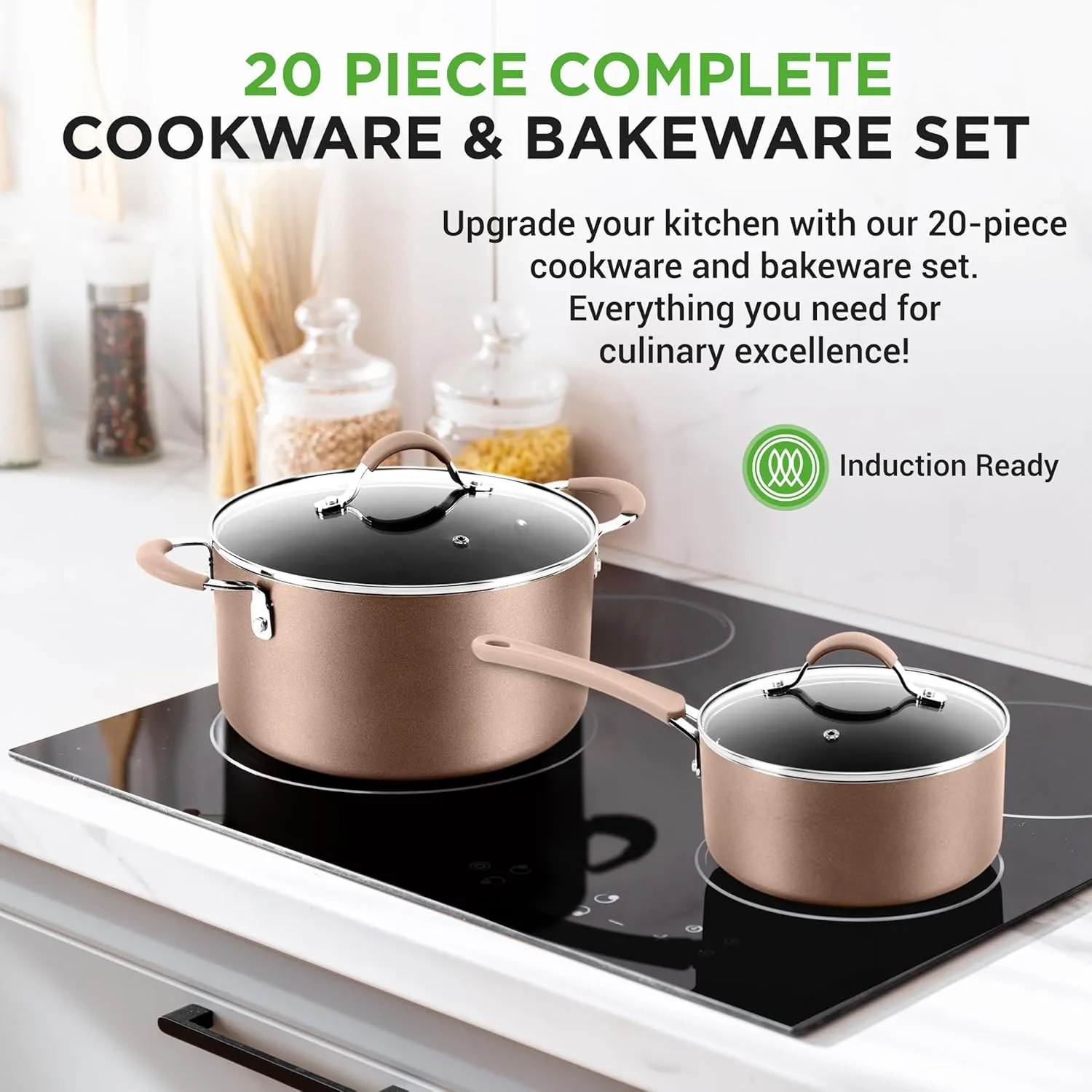 NutriChef 20-Piece Nonstick Kitchen Cookware Set - PFOA/PFOS-Free Heat Resistant Lacquer Kitchenware w/ Bakeware, Frying Pans, Cooking Pots, Utensils