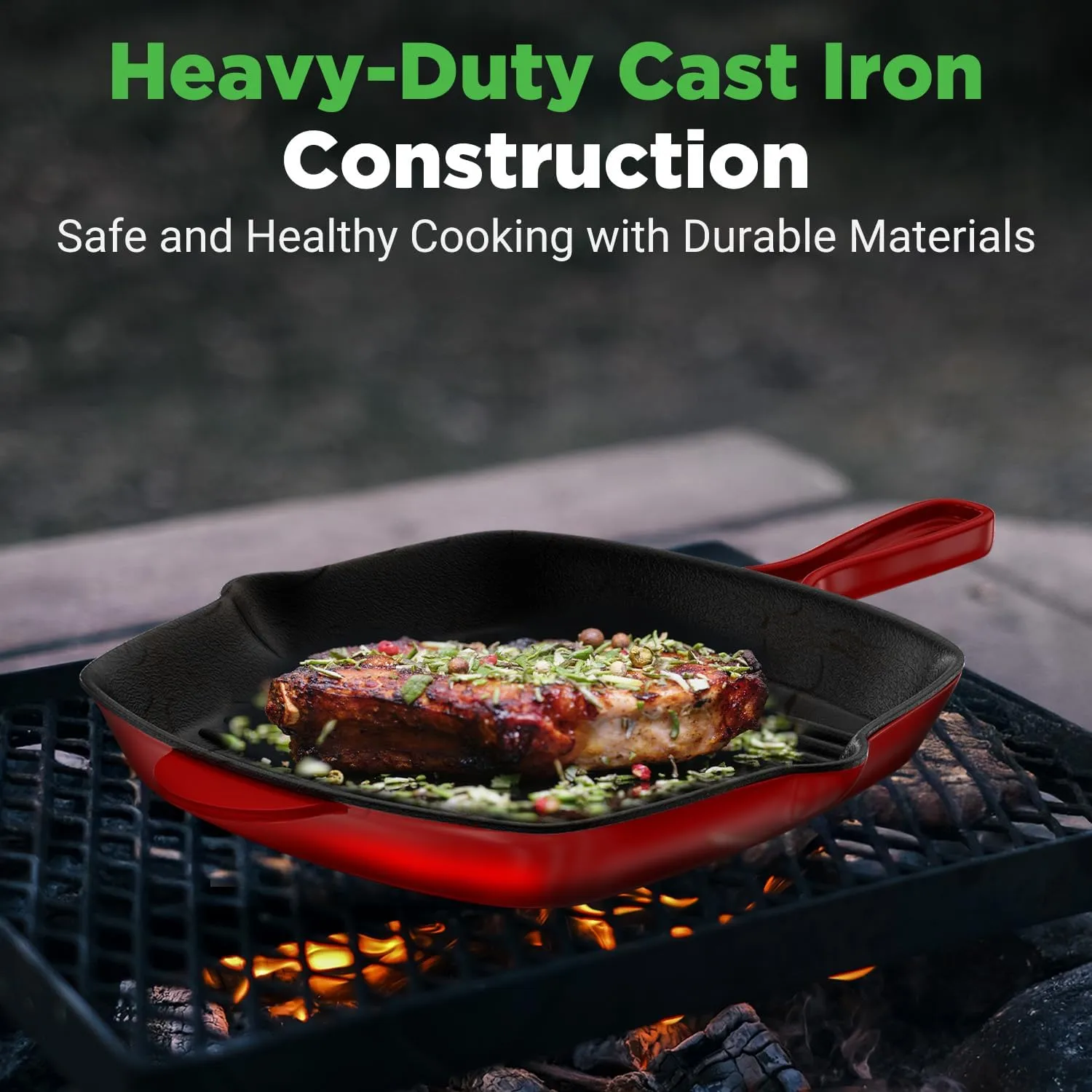 NutriChef Nonstick Cast Iron Grill Pan - 11-Inch Kitchen Square Skillet Grilling Pan, Enameled Steak w/Side Drip Spout For Electric Stovetop, Induction, Gas, Black (NCCIES47.5)