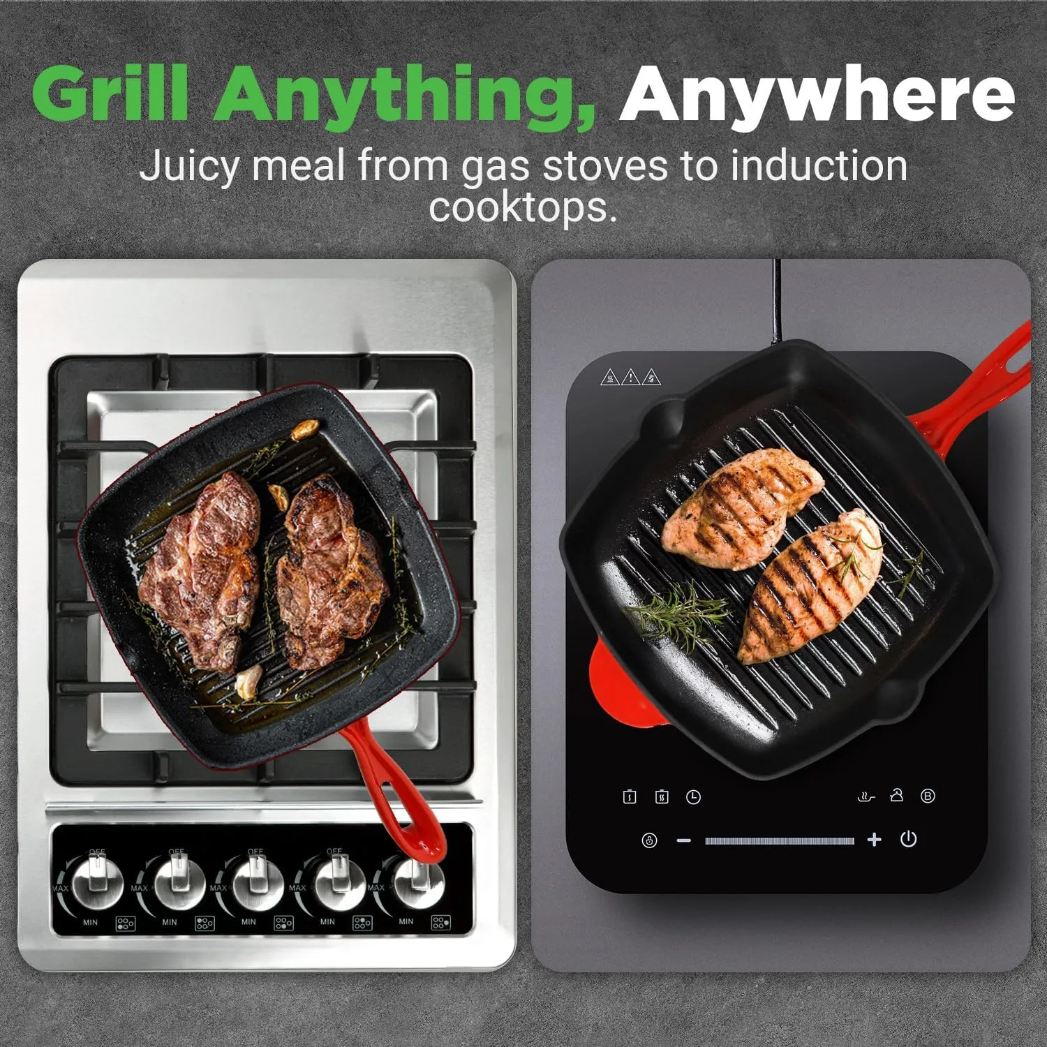 NutriChef Nonstick Cast Iron Grill Pan - 11-Inch Kitchen Square Skillet Grilling Pan, Enameled Steak w/Side Drip Spout For Electric Stovetop, Induction, Gas, Black (NCCIES47.5)