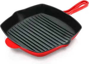 NutriChef Nonstick Cast Iron Grill Pan - 11-Inch Kitchen Square Skillet Grilling Pan, Enameled Steak w/Side Drip Spout For Electric Stovetop, Induction, Gas, Black (NCCIES47.5)