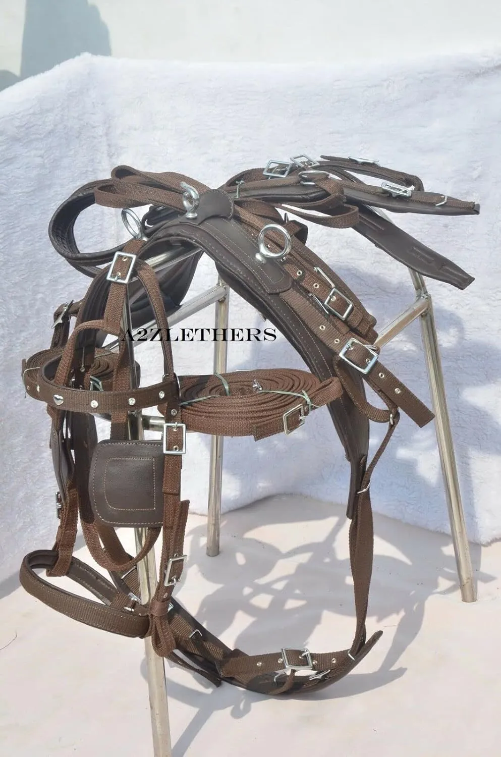 Nylon Driving Harness for Horse Cart, Heart Shaped Studd & Sparkling Stones on Browband Full, Cob, Pony, Shetland, Mini Brown (Mini)