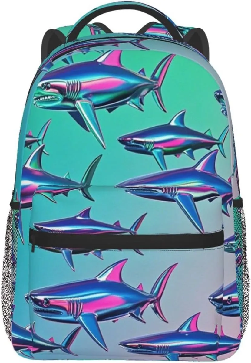 Ocean Sea Shark Fish Art Shoulder Book Bags Polyester Multipurpose Anti-Theft Carry On Bag Large Capacity Travel Hiking & Camping Rucksack