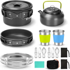 Odoland Bundle - 2 Items 15pcs Camping Cookware Mess Kit and Folding Campfire Grill