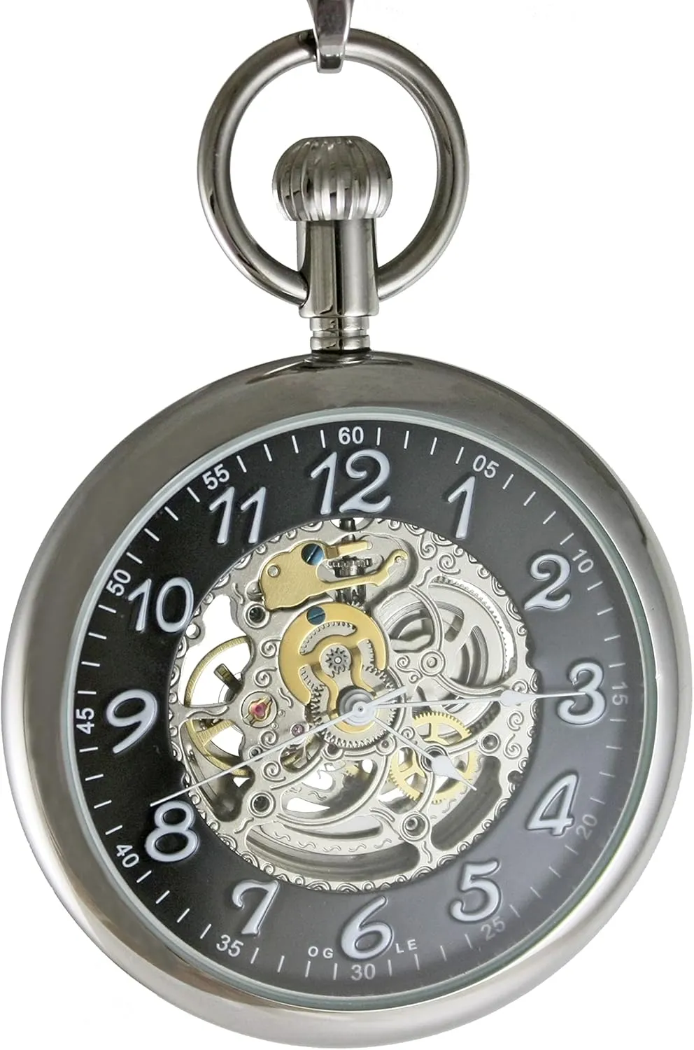 OGLE 3ATM Waterproof Vintage Stainless Steel Large Face Fob Self Winding Automatic Skeleton Mechanical Pocket Watch Chain Box