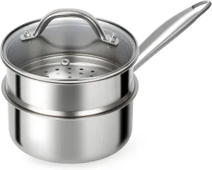 Ohtomber Stainless Steel Sauce Pan - Tri-Ply 1.5 Quarts Pot with Steamer Basket Long Handle & Lid, Nonstick Sacusepan Cookware Set, Induction Cooking Steam Simmer Pot for Food, Sauces, Veggie, Oatmeal