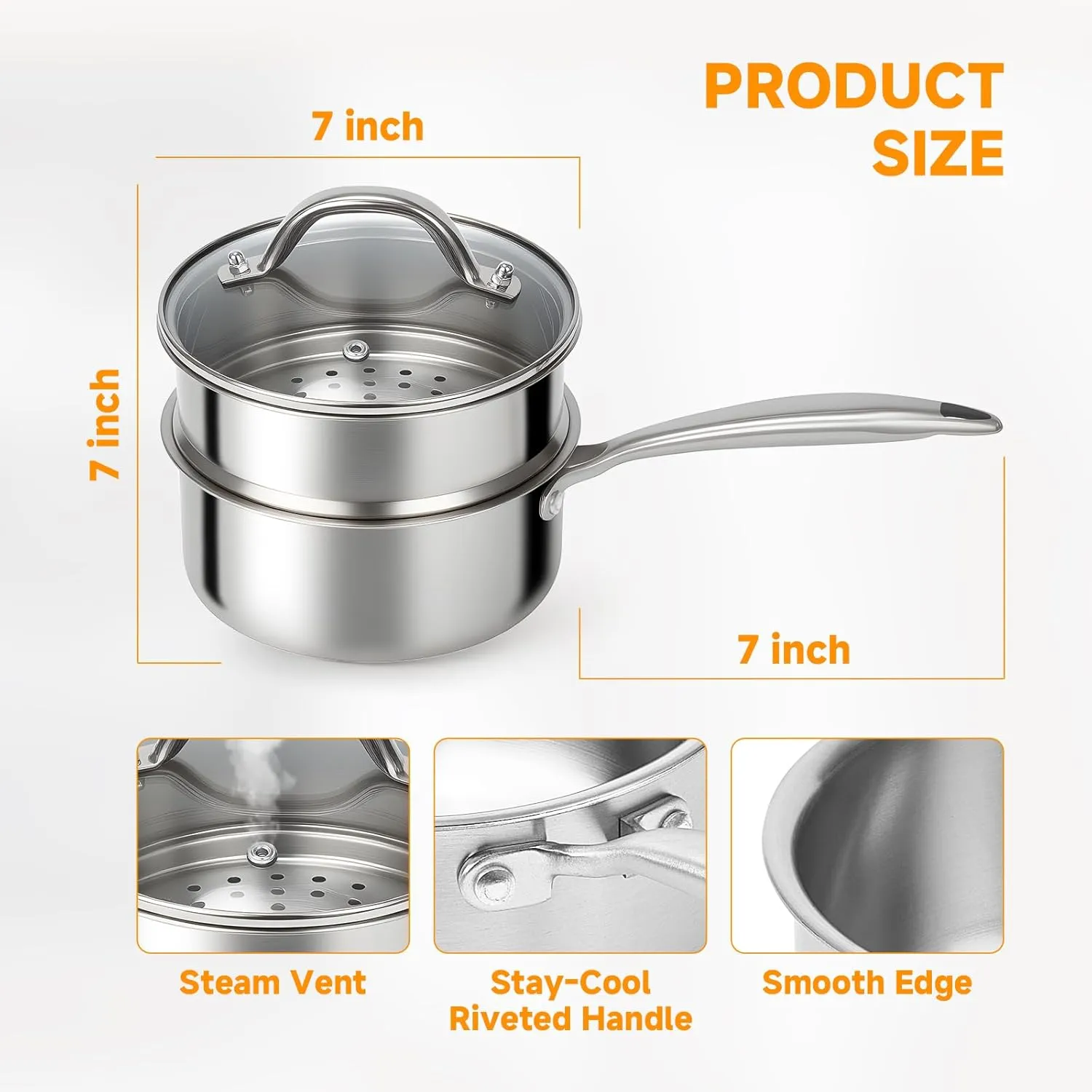 Ohtomber Stainless Steel Sauce Pan - Tri-Ply 1.5 Quarts Pot with Steamer Basket Long Handle & Lid, Nonstick Sacusepan Cookware Set, Induction Cooking Steam Simmer Pot for Food, Sauces, Veggie, Oatmeal