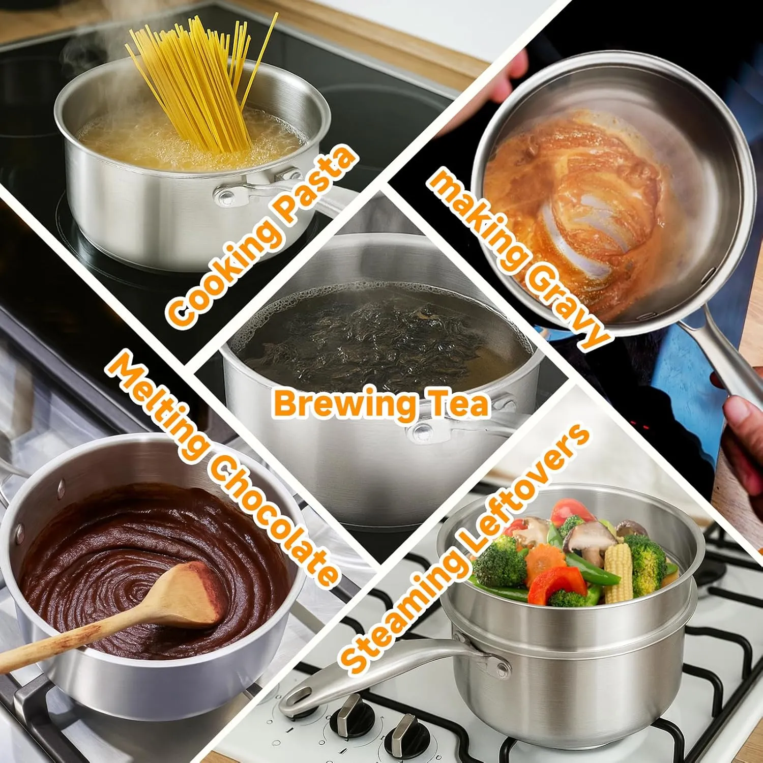 Ohtomber Stainless Steel Sauce Pan - Tri-Ply 1.5 Quarts Pot with Steamer Basket Long Handle & Lid, Nonstick Sacusepan Cookware Set, Induction Cooking Steam Simmer Pot for Food, Sauces, Veggie, Oatmeal