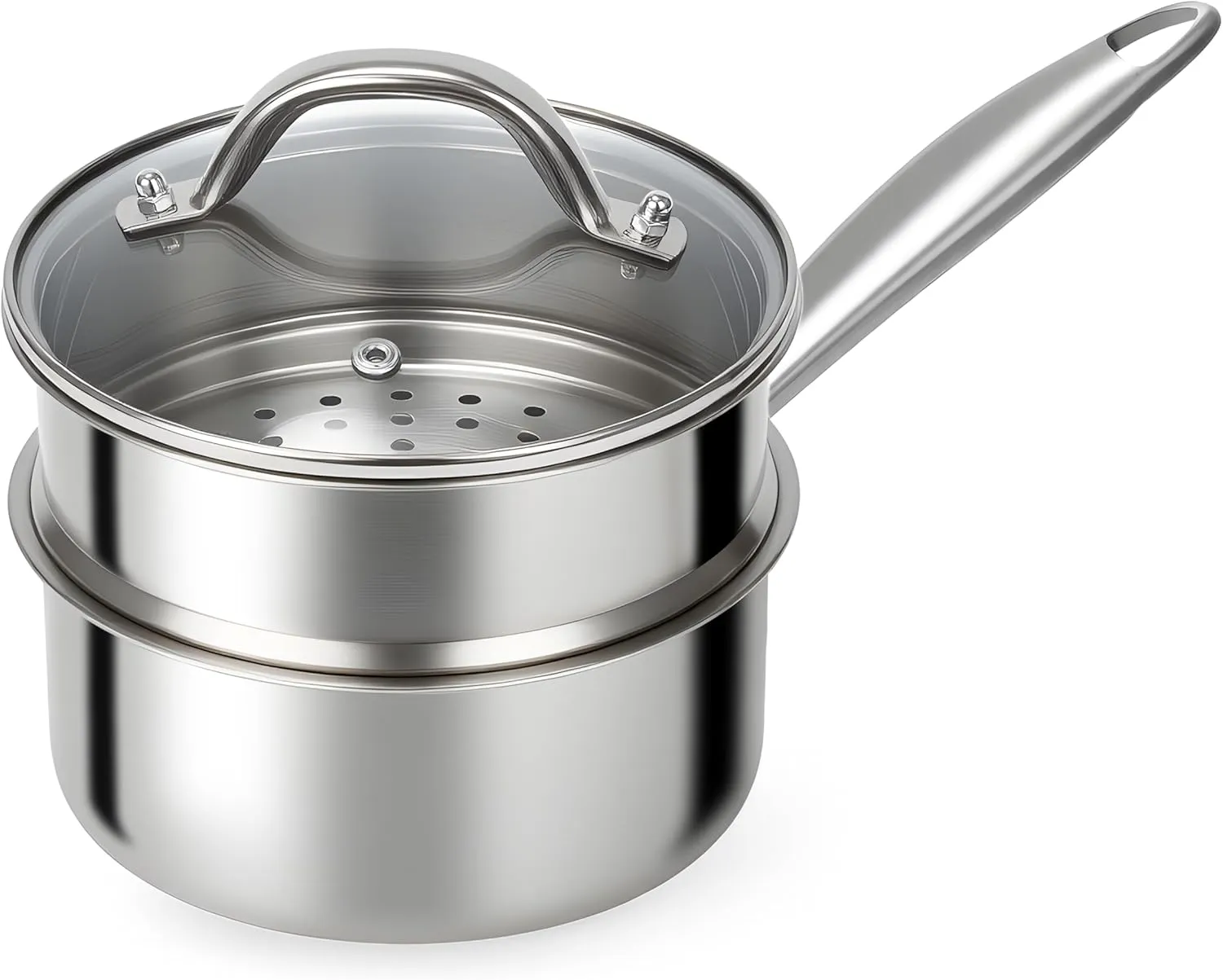 Ohtomber Stainless Steel Sauce Pan - Tri-Ply 1.5 Quarts Pot with Steamer Basket Long Handle & Lid, Nonstick Sacusepan Cookware Set, Induction Cooking Steam Simmer Pot for Food, Sauces, Veggie, Oatmeal