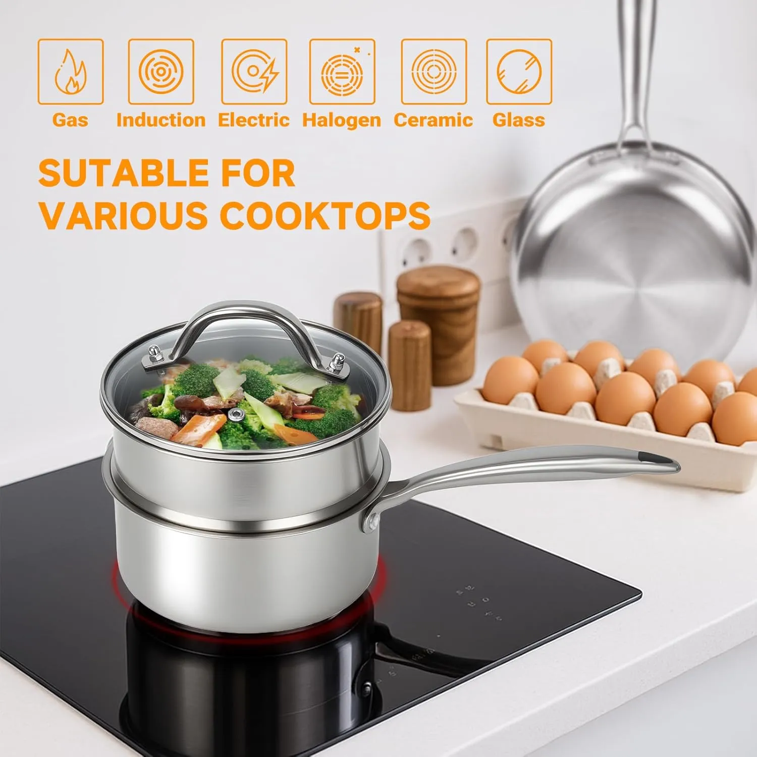 Ohtomber Stainless Steel Sauce Pan - Tri-Ply 1.5 Quarts Pot with Steamer Basket Long Handle & Lid, Nonstick Sacusepan Cookware Set, Induction Cooking Steam Simmer Pot for Food, Sauces, Veggie, Oatmeal