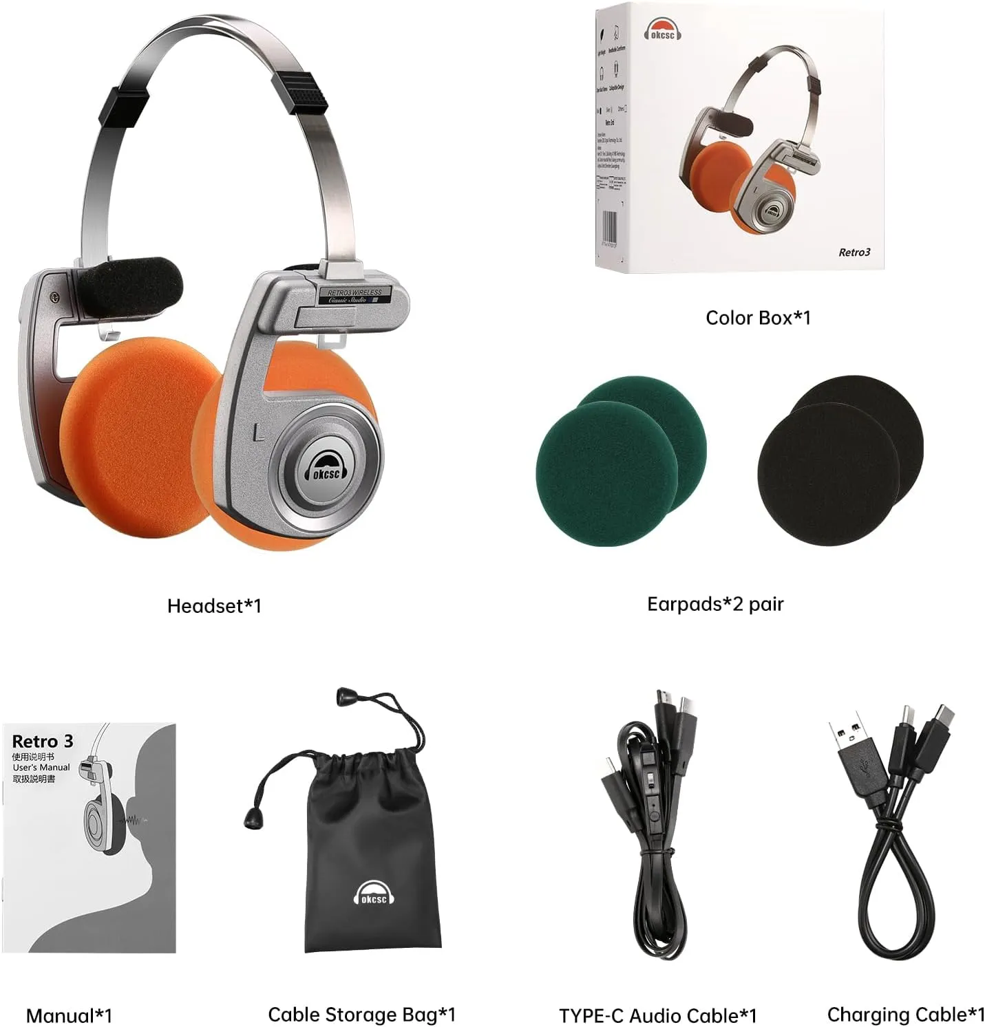 okcsc Classic Retro Headphones, Retro Style, BT Wireless On-Ear Headsets, Ultra Lightweight Retro Headsts/40mm Class Composite Film/80s 90s Design/BT 5.3 & Wired Two Connection Modes, BT/Silver