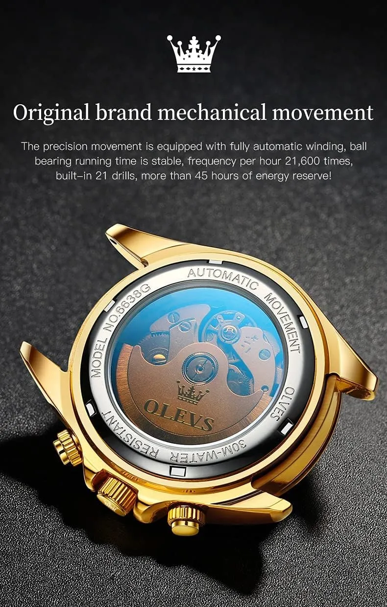 OLEVS Automatic Gold Watches for Men Luxury Classic Stainless Steel Calendar Luminous Waterproof Watches for Men