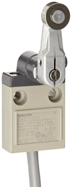 Omron D4C-1220 Compact Enclosed Limit Switch, Roller Lever, VCTF Oil Resistant Cable, 5A at 250VAC and 4A at 30VDC Rated Current, 3m Cable Length