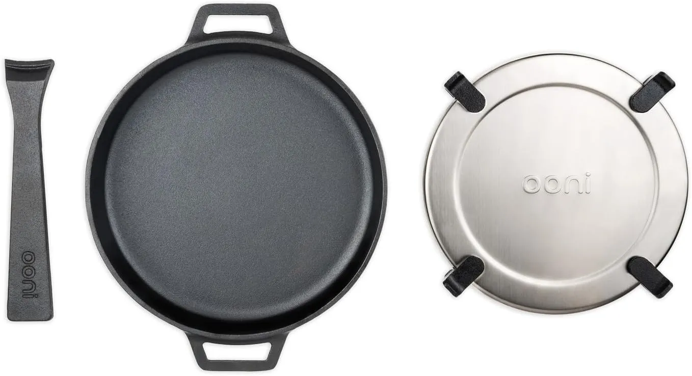 Ooni Cast Iron Skillet Pan - 9" Round Cast Iron Skillet with Removable Handle and Sainless Steel Trivet, Cast Iron Frying Pan, Pre-Seasoned Non-Stick Oven Safe Cookware, Pizza Oven and BBQ Accessories