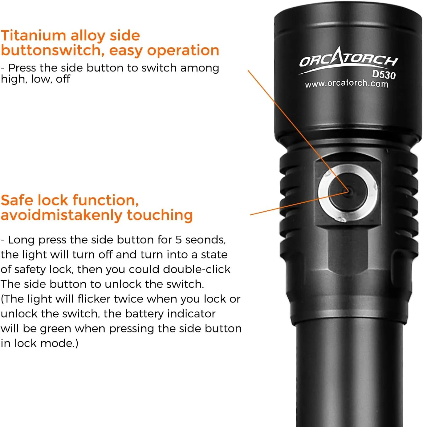 ORCATORCH D530 Scuba Dive Light, 1200 Lumens, 7 Degrees Narrow Beam Angle, Titanium Alloy Side Button Switch, 2 Lighting Modes, with Battery Indicator for Deep Sea Cave (5500K Warm White Light