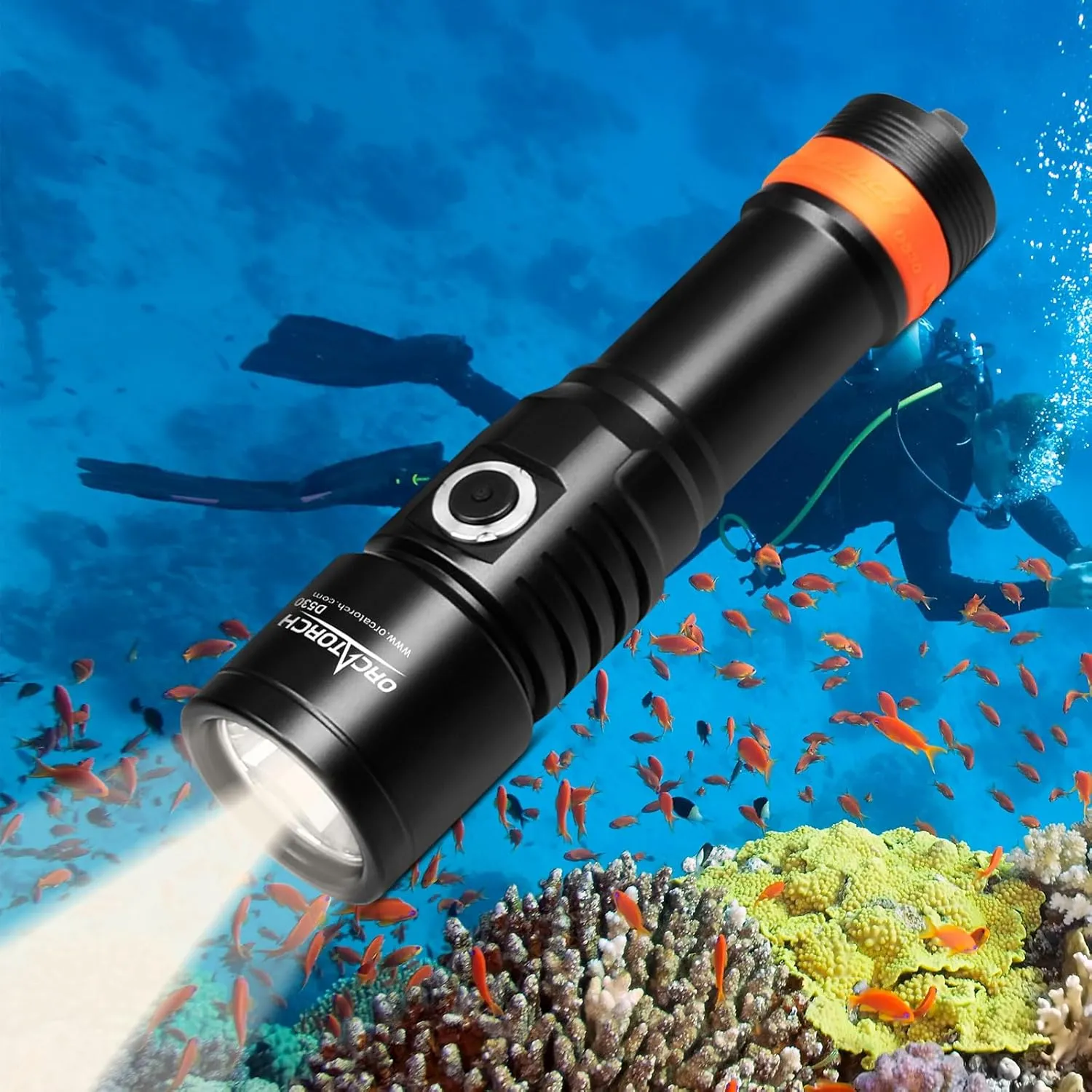 ORCATORCH D530 Scuba Dive Light, 1200 Lumens, 7 Degrees Narrow Beam Angle, Titanium Alloy Side Button Switch, 2 Lighting Modes, with Battery Indicator for Deep Sea Cave (5500K Warm White Light
