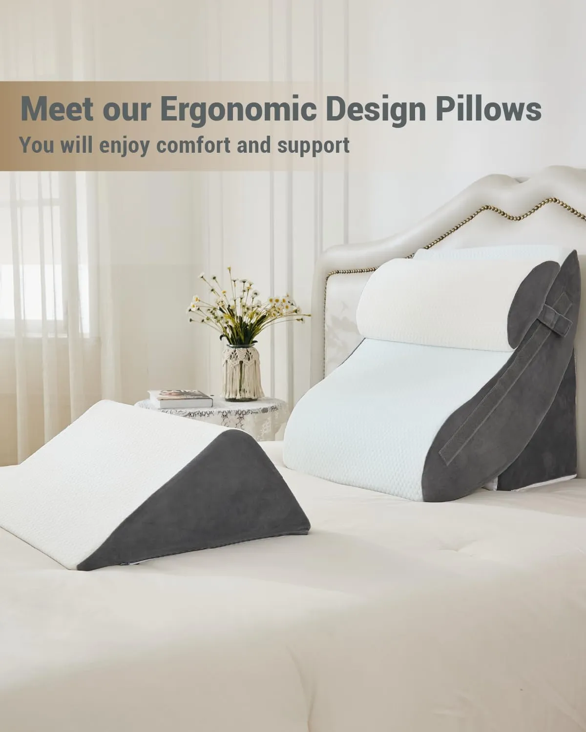 Orthopedic Bed Wedge Pillow Set, 2-Layer Memory Foam for Back, Leg Pain Relief, Comfortable Support, Post Surgery Adjustable Pillows Sitting and Sleeping(4pcs,22" Wide,Full White Grey)