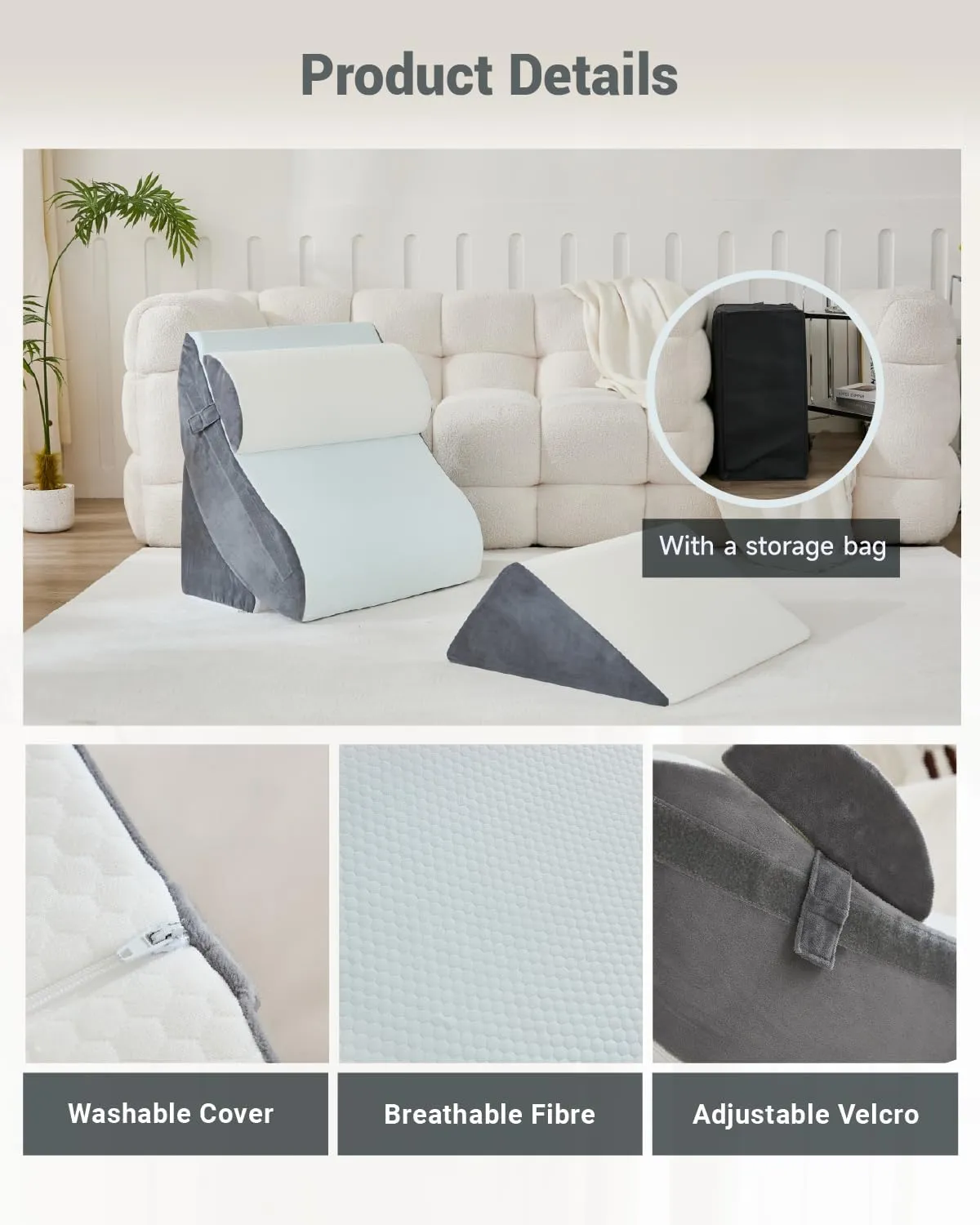 Orthopedic Bed Wedge Pillow Set, 2-Layer Memory Foam for Back, Leg Pain Relief, Comfortable Support, Post Surgery Adjustable Pillows Sitting and Sleeping(4pcs,22" Wide,Full White Grey)