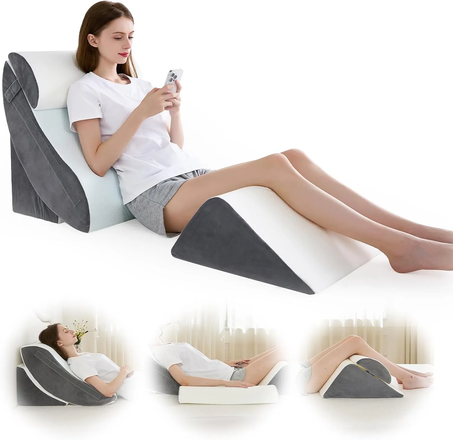 Orthopedic Bed Wedge Pillow Set, 2-Layer Memory Foam for Back, Leg Pain Relief, Comfortable Support, Post Surgery Adjustable Pillows Sitting and Sleeping(4pcs,22" Wide,Full White Grey)