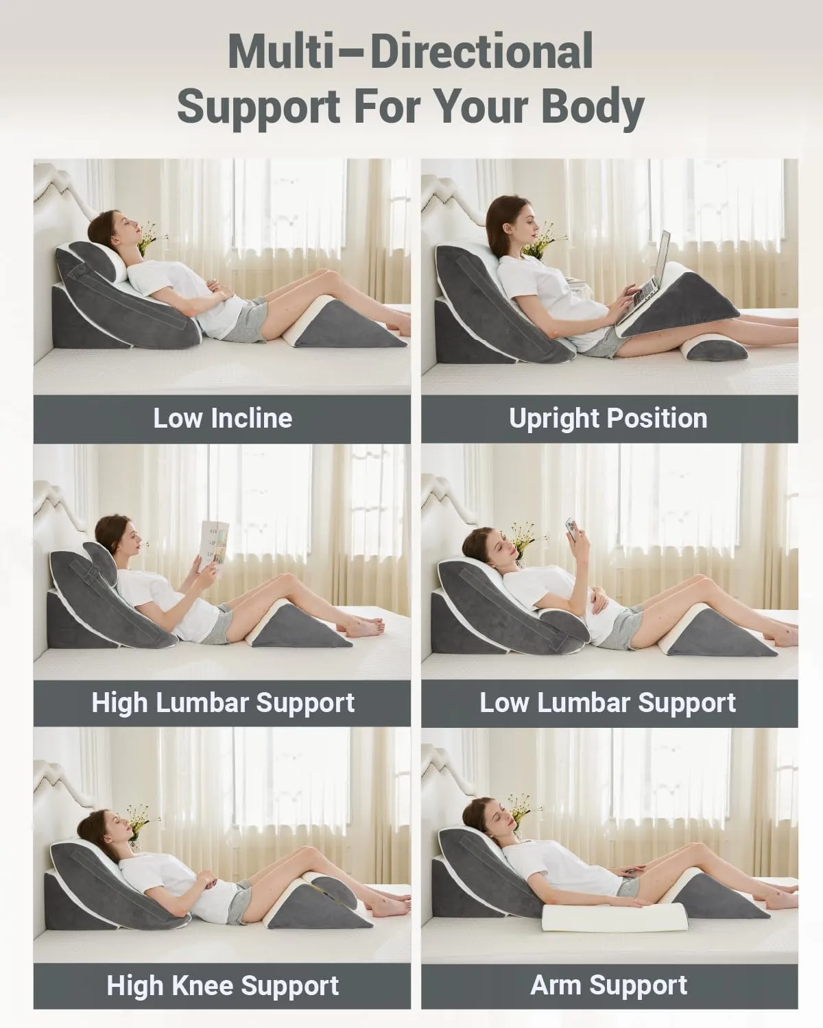 Orthopedic Bed Wedge Pillow Set, 2-Layer Memory Foam for Back, Leg Pain Relief, Comfortable Support, Post Surgery Adjustable Pillows Sitting and Sleeping(4pcs,22" Wide,Full White Grey)