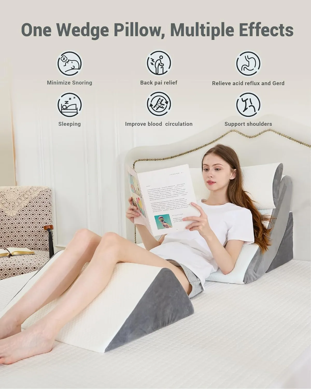 Orthopedic Bed Wedge Pillow Set, 2-Layer Memory Foam for Back, Leg Pain Relief, Comfortable Support, Post Surgery Adjustable Pillows Sitting and Sleeping(4pcs,22" Wide,Full White Grey)