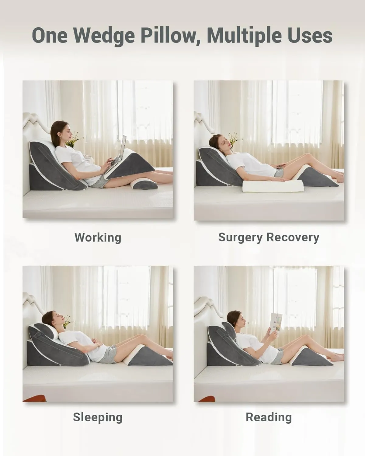 Orthopedic Bed Wedge Pillow Set, 2-Layer Memory Foam for Back, Leg Pain Relief, Comfortable Support, Post Surgery Adjustable Pillows Sitting and Sleeping(4pcs,22" Wide,Full White Grey)