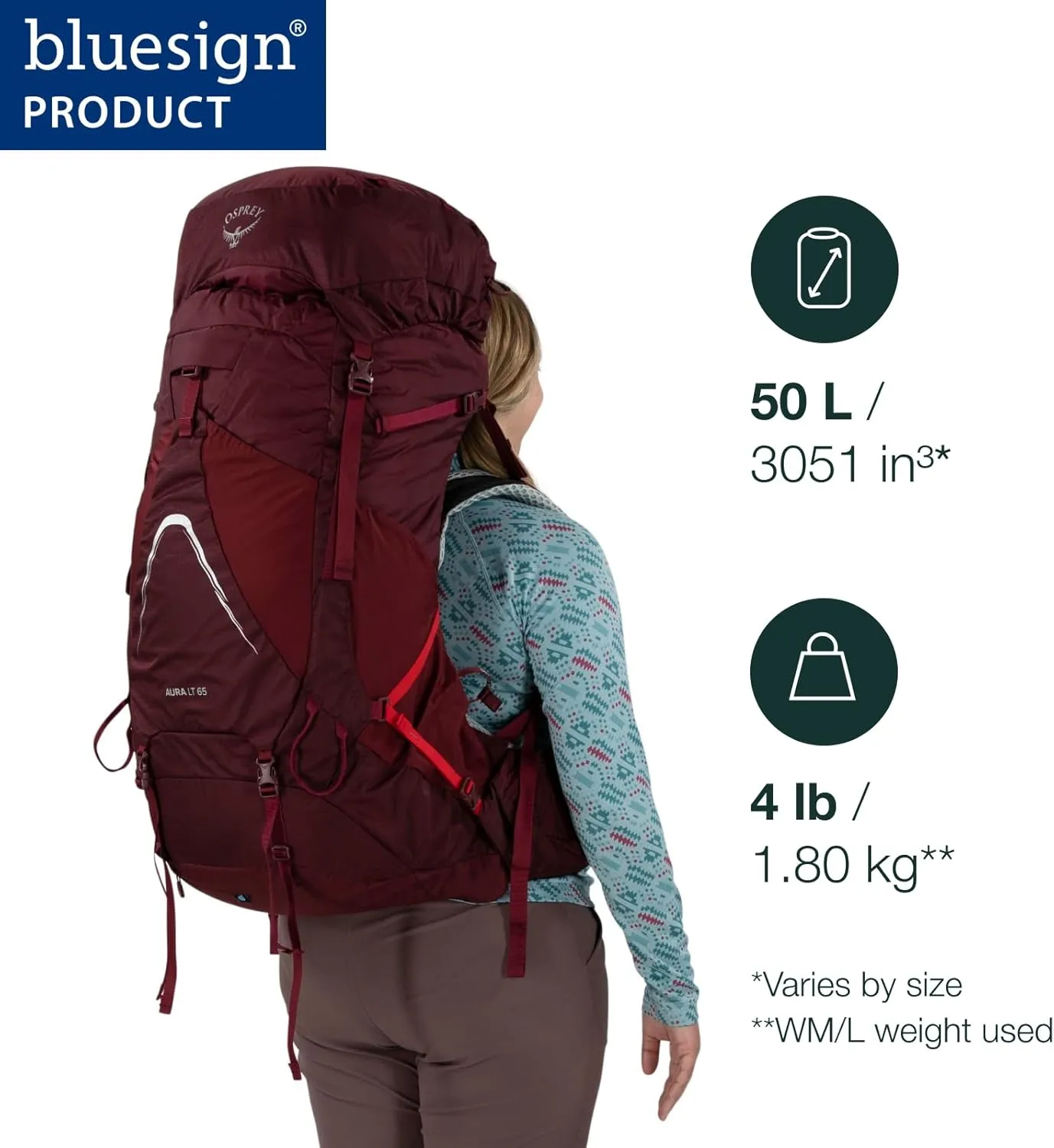 Osprey Aura AG LT 50L Women's Backpacking Backpack, Black, WXS/S