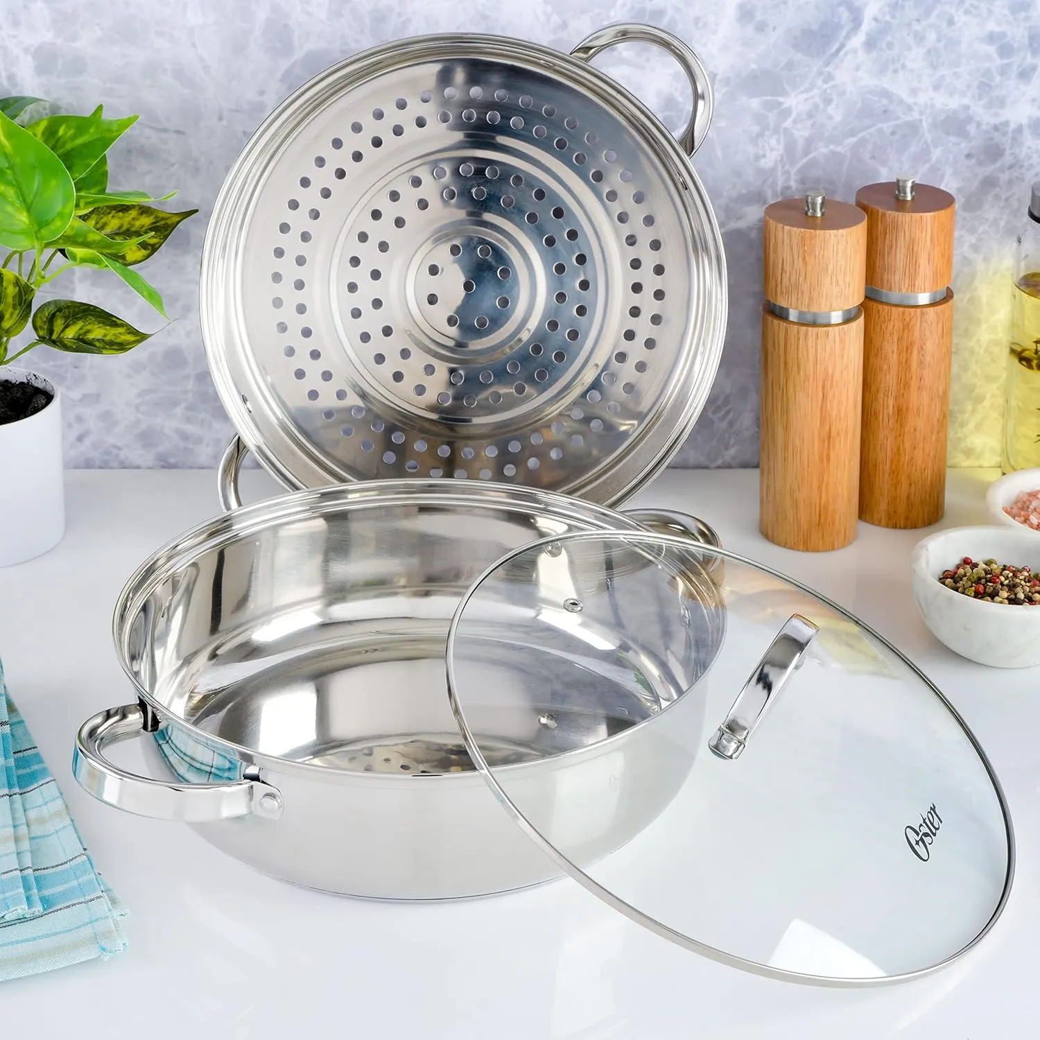 Oster Sangerfield Stainless Steel Cookware 5-Quart Pasta Pot Set w/Steamer, Basket & Lid