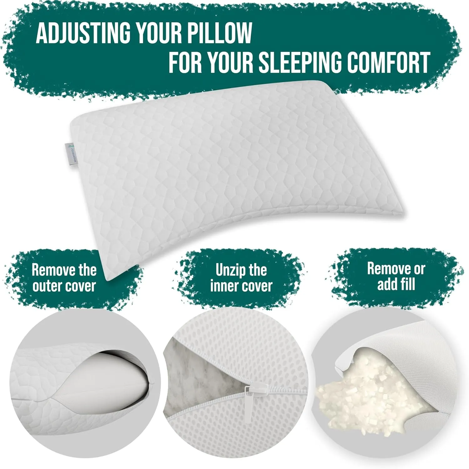 Ottomanson Queen Size Adjustable Comfort for Neck and Shoulder Pain, CertiPUR-US, Extra Shredded Pack Included, Memory Foam Pillow for Stomach, Back and Side Sleepers, 29"x19", White C