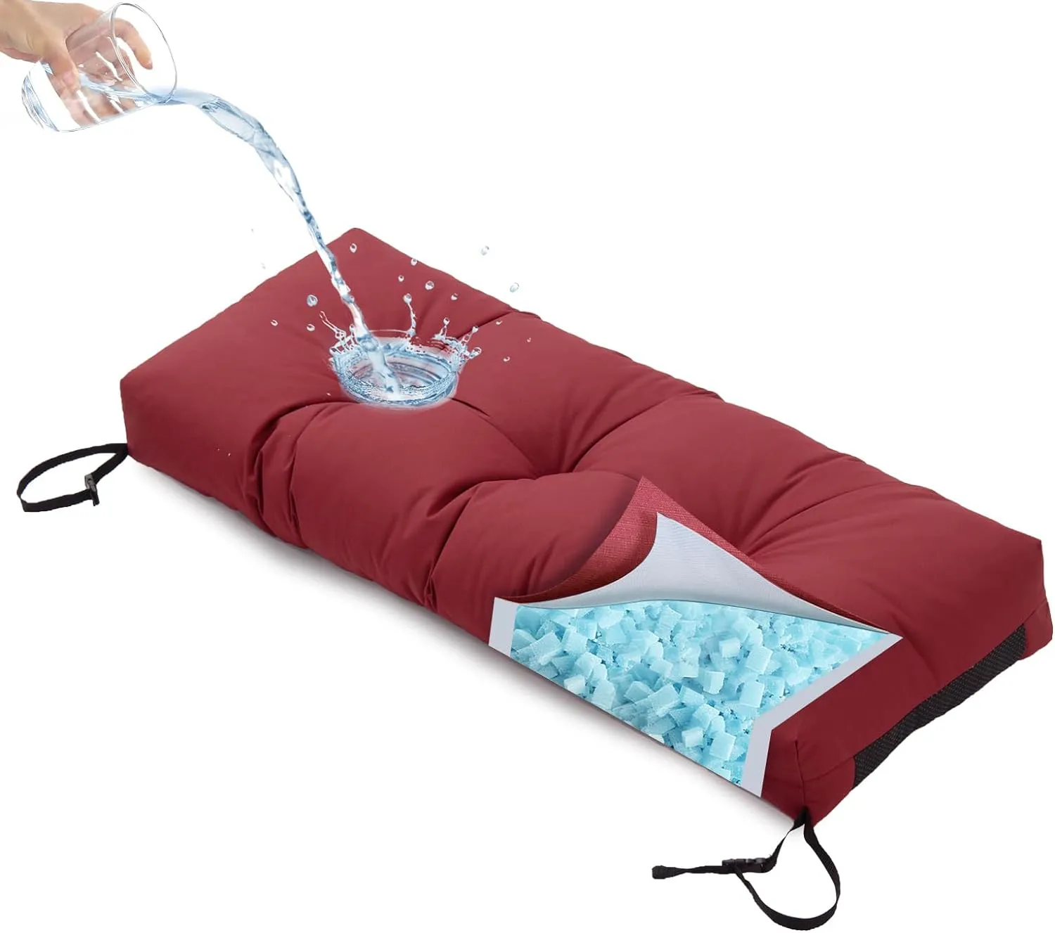 Outdoor Bench Cushion, Blue Shredded Memory Foam, Waterproof Patio Furniture Cushion Fade Resistant Indoor Window Seat Pad 4.5inch Extra Thick with Adjustable Strap 36 x 14 Inch, Burgundy