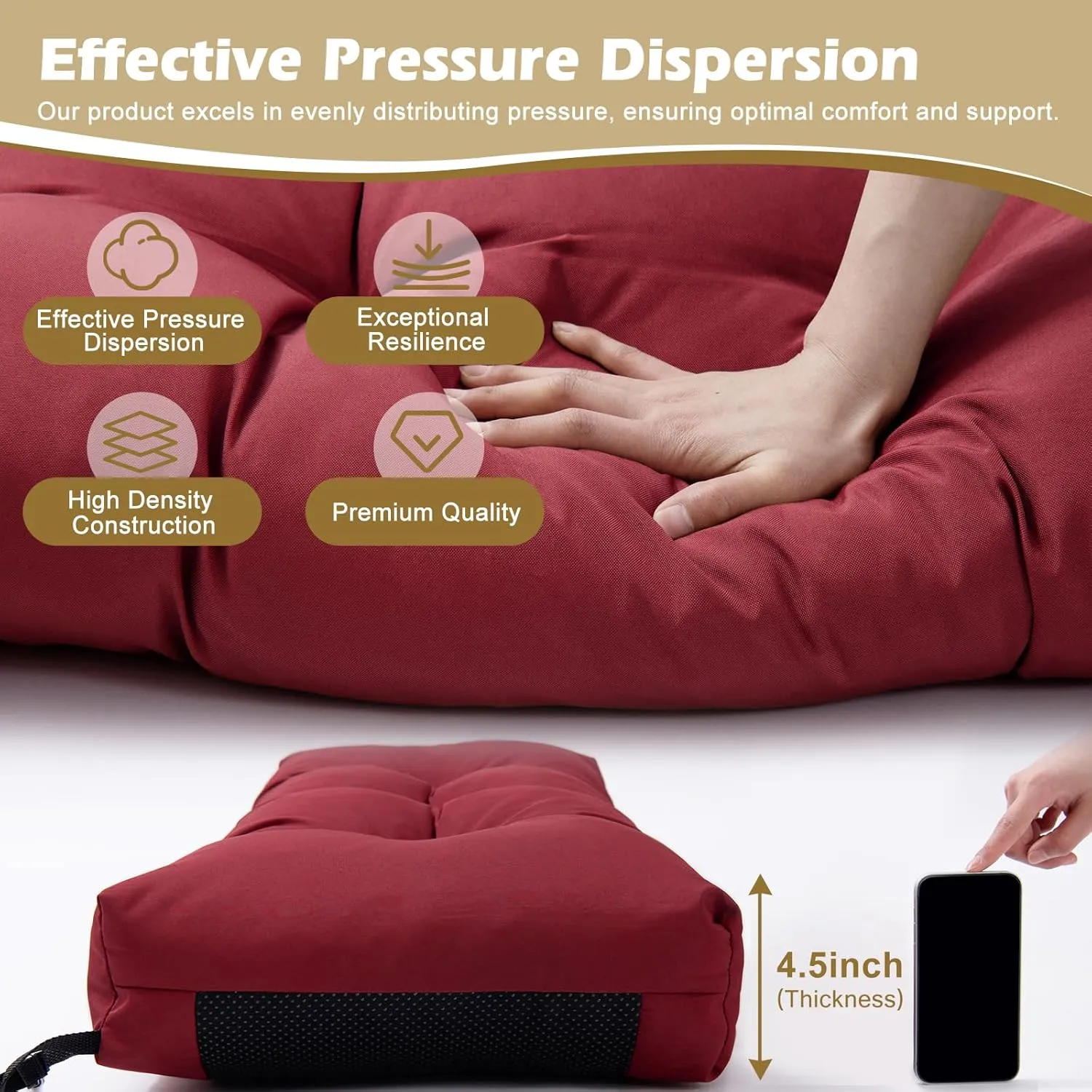 Outdoor Bench Cushion, Blue Shredded Memory Foam, Waterproof Patio Furniture Cushion Fade Resistant Indoor Window Seat Pad 4.5inch Extra Thick with Adjustable Strap 36 x 14 Inch, Burgundy