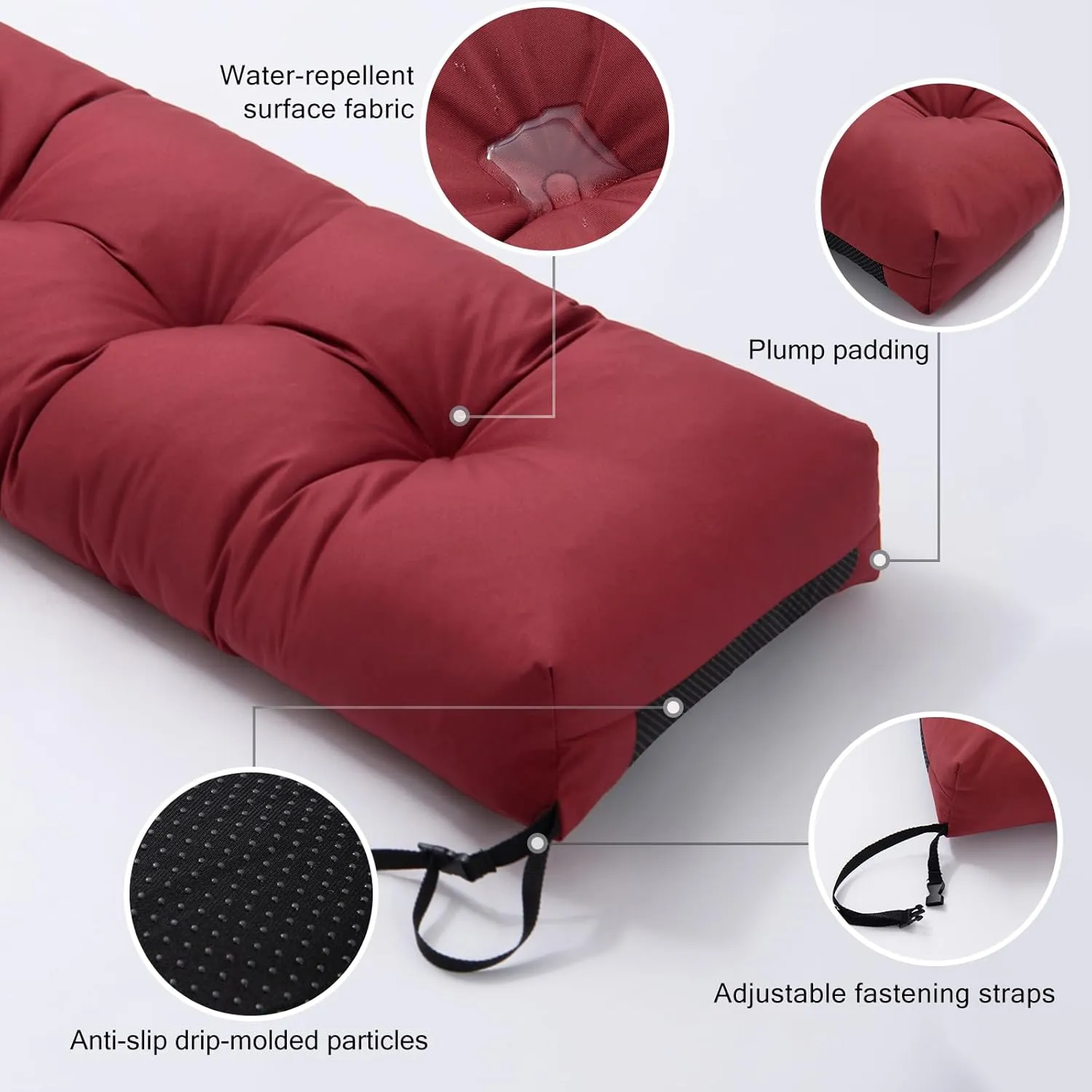 Outdoor Bench Cushion, Blue Shredded Memory Foam, Waterproof Patio Furniture Cushion Fade Resistant Indoor Window Seat Pad 4.5inch Extra Thick with Adjustable Strap 36 x 14 Inch, Burgundy