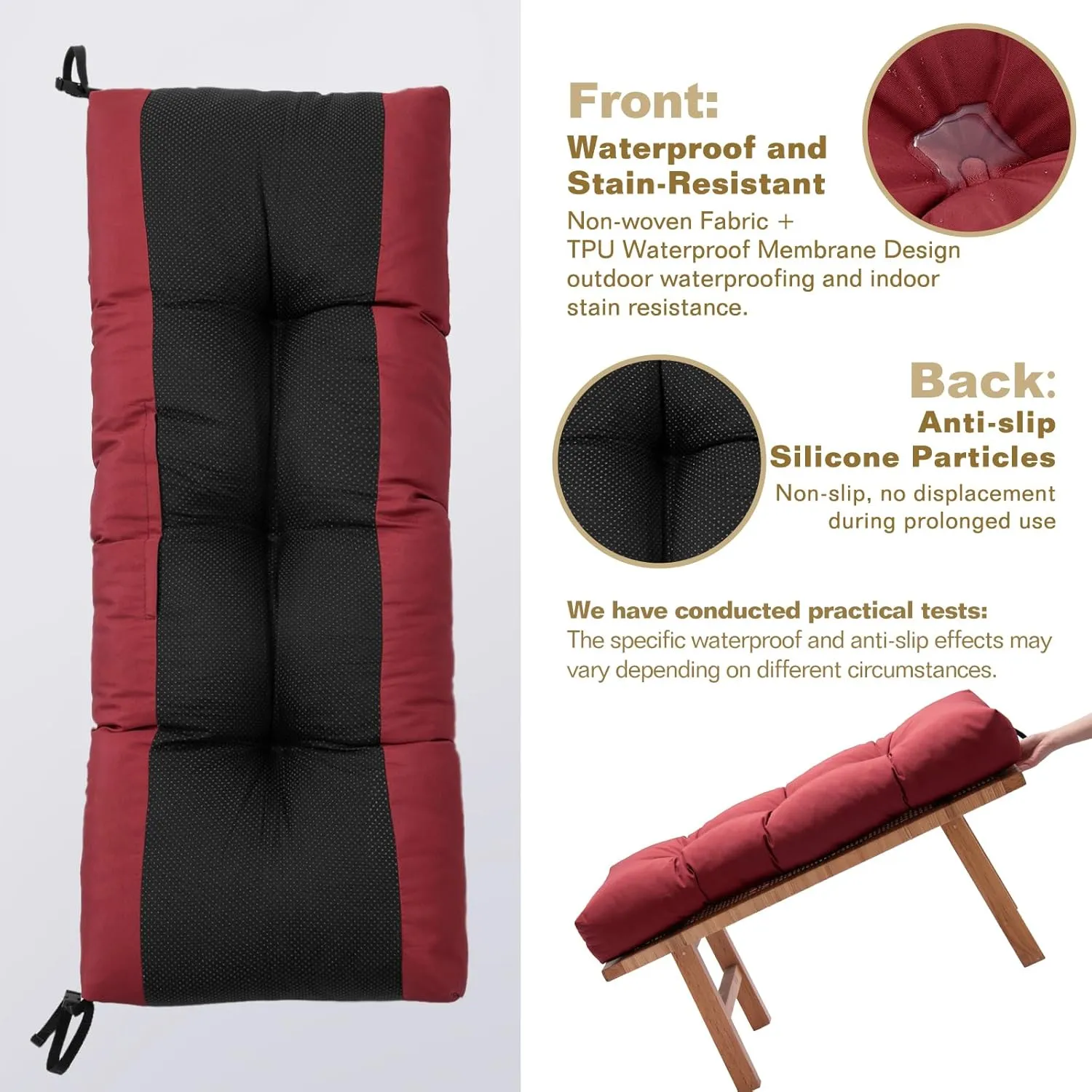 Outdoor Bench Cushion, Blue Shredded Memory Foam, Waterproof Patio Furniture Cushion Fade Resistant Indoor Window Seat Pad 4.5inch Extra Thick with Adjustable Strap 36 x 14 Inch, Burgundy