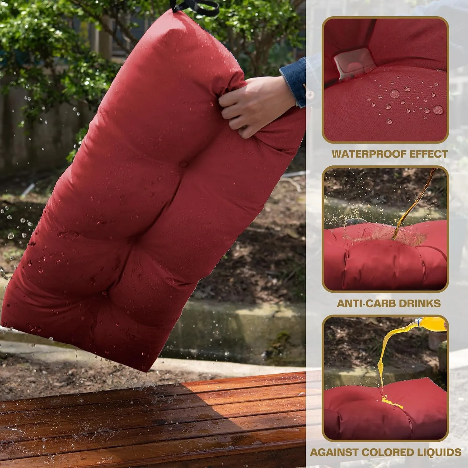 Outdoor Bench Cushion, Blue Shredded Memory Foam, Waterproof Patio Furniture Cushion Fade Resistant Indoor Window Seat Pad 4.5inch Extra Thick with Adjustable Strap 36 x 14 Inch, Burgundy