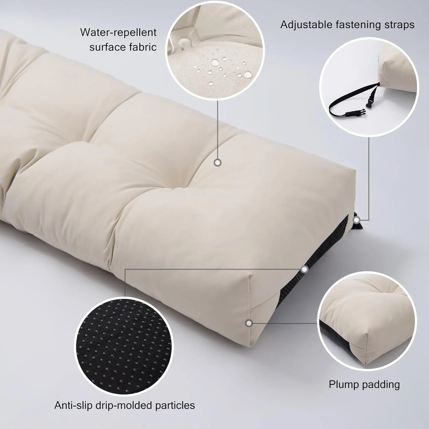Outdoor Bench Cushion, Blue Shredded Memory Foam, Waterproof Patio Furniture Cushion Fade Resistant Indoor Window Seat Pad 4.5inch Extra Thick with Adjustable Strap 36 x 14 Inch, Cream