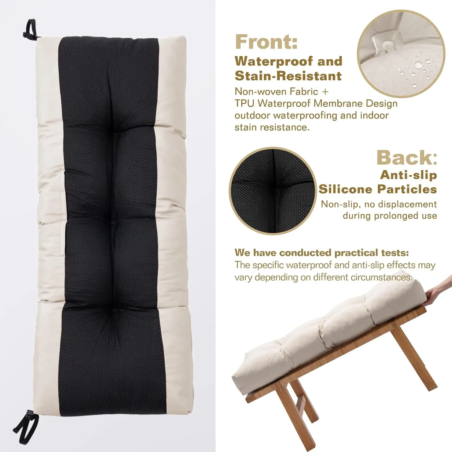 Outdoor Bench Cushion, Blue Shredded Memory Foam, Waterproof Patio Furniture Cushion Fade Resistant Indoor Window Seat Pad 4.5inch Extra Thick with Adjustable Strap 36 x 14 Inch, Cream