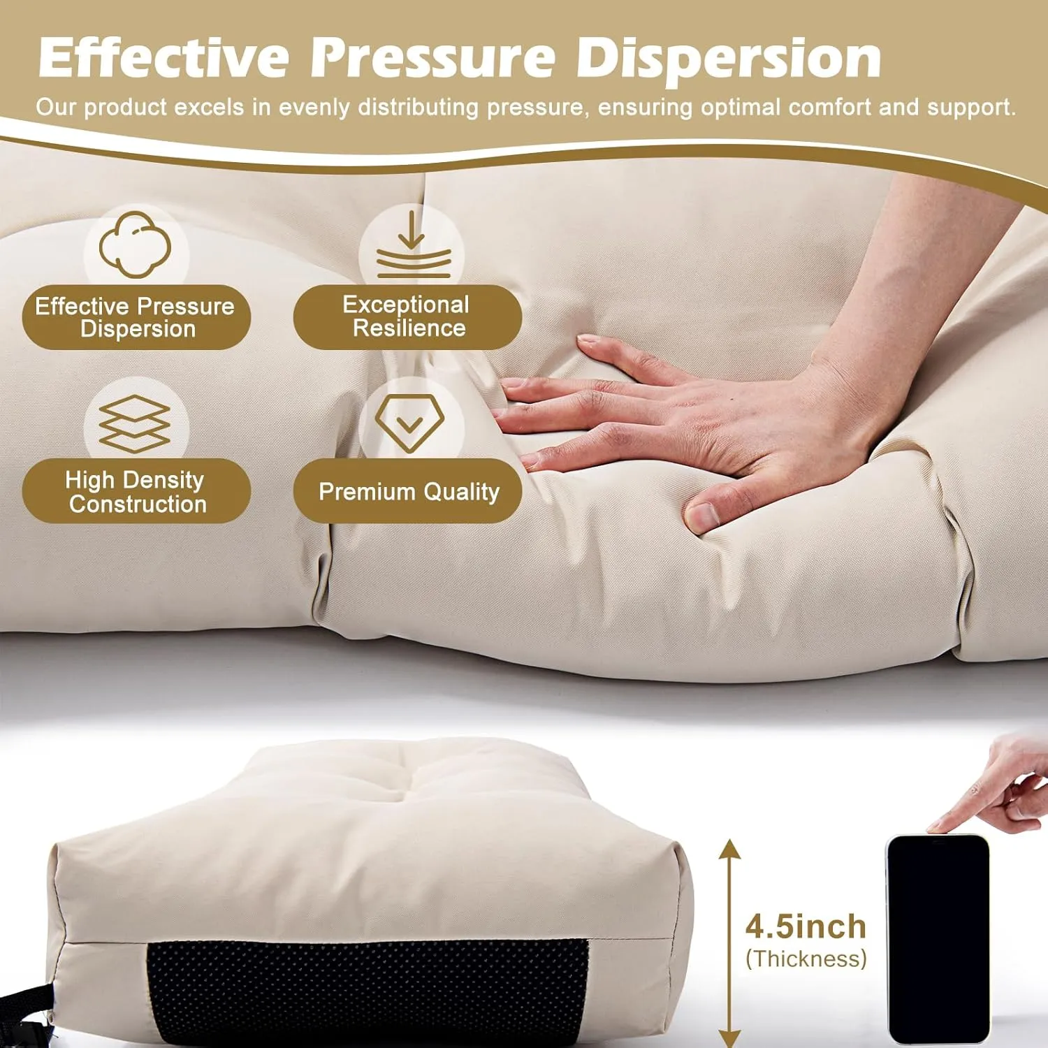 Outdoor Bench Cushion, Blue Shredded Memory Foam, Waterproof Patio Furniture Cushion Fade Resistant Indoor Window Seat Pad 4.5inch Extra Thick with Adjustable Strap 36 x 14 Inch, Cream