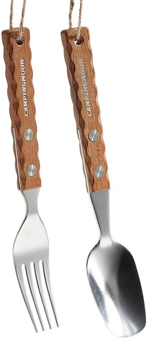 Outdoor Camping Picnic BBQ Stainless Steel Tableware Set Scalding Wood Handle Fork and Spoon Kit
