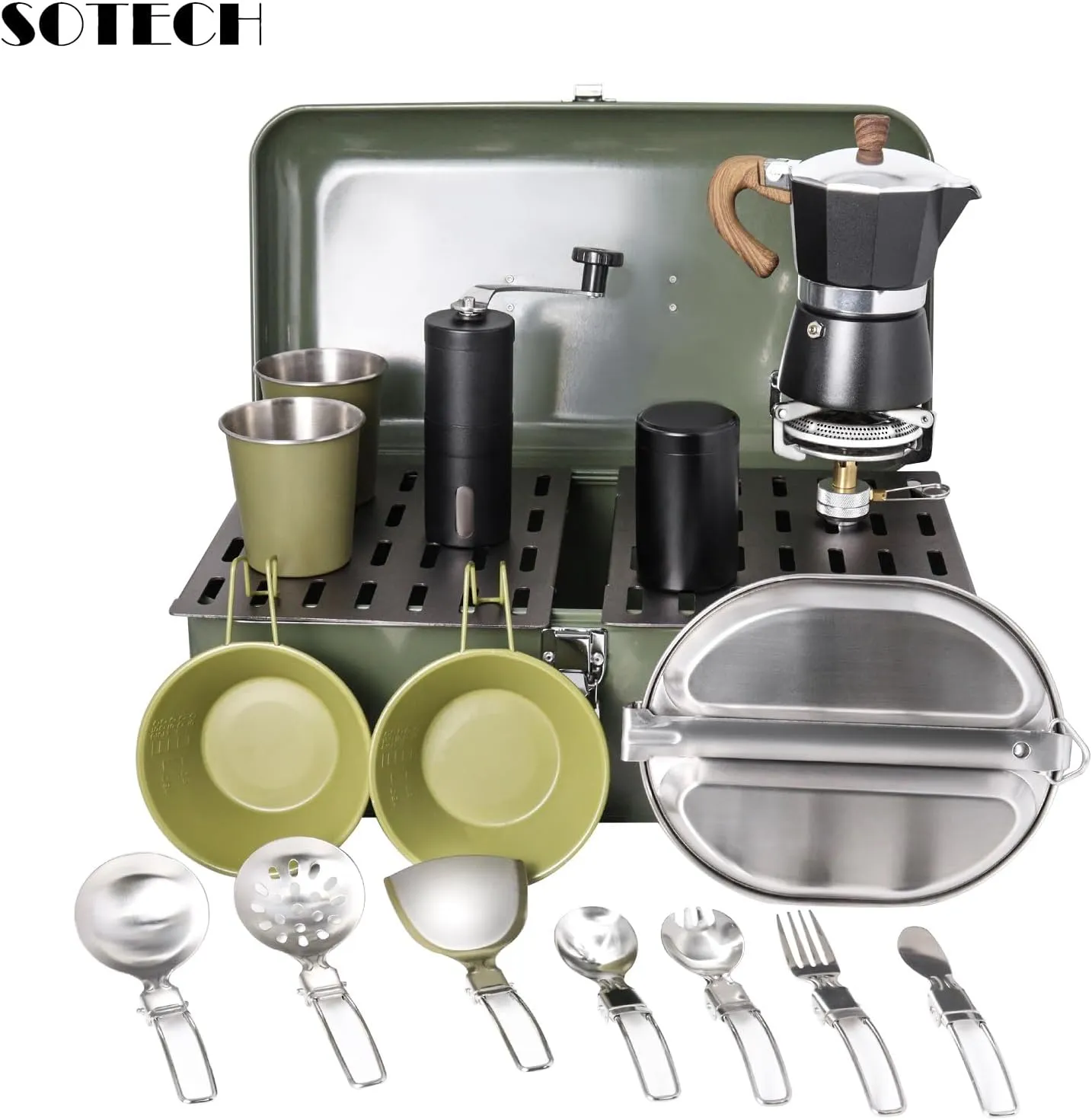 Outdoor Camping Pour Over Coffee Set with Moka Pot, Plates, Cups, Spoon (Aluminum Board)