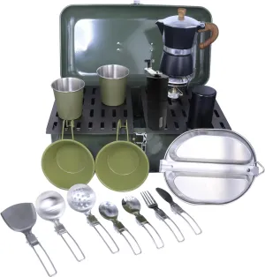 Outdoor Camping Pour Over Coffee Set with Moka Pot, Plates, Cups, Spoon (Aluminum Board)