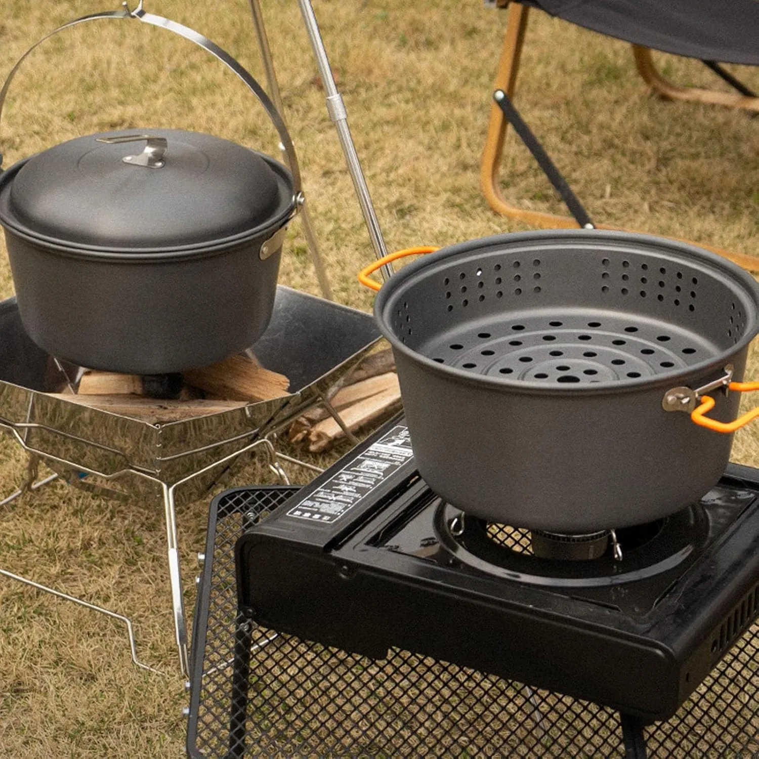 Outdoor Picnic Pot with 5L Large Capacity,Portable Aluminum Alloy Camping Cookware Kit for Camping Picnics Barbecue Cooking Boiling Steaming Grilling,22 x 20cm