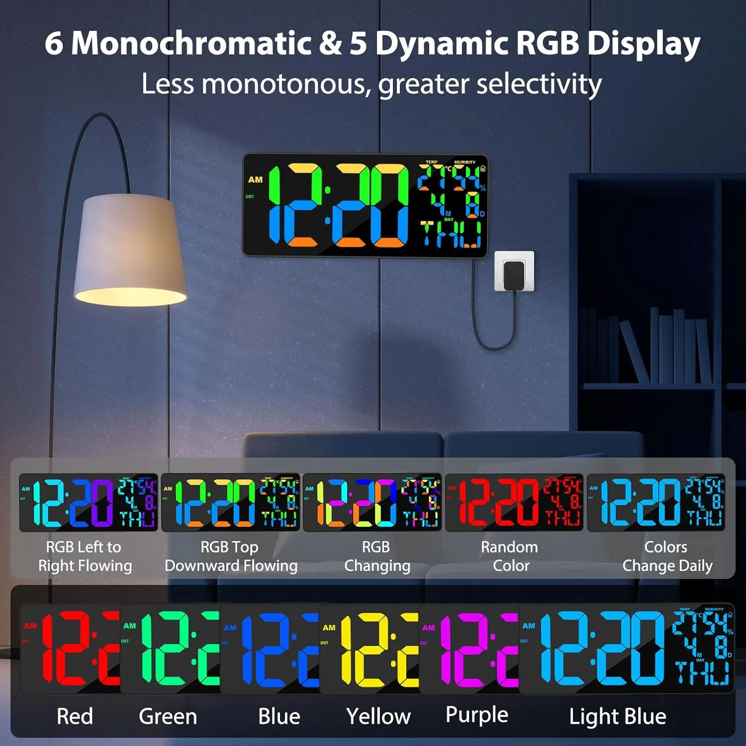 [Oversized] 18" Digital Wall Clock Large Display, 11 RGB Color Changing Large Digital Wall Clock with Remote, Date, DST, Temperature, Auto Brightness Digital Alarm Clock for All Spaces Use