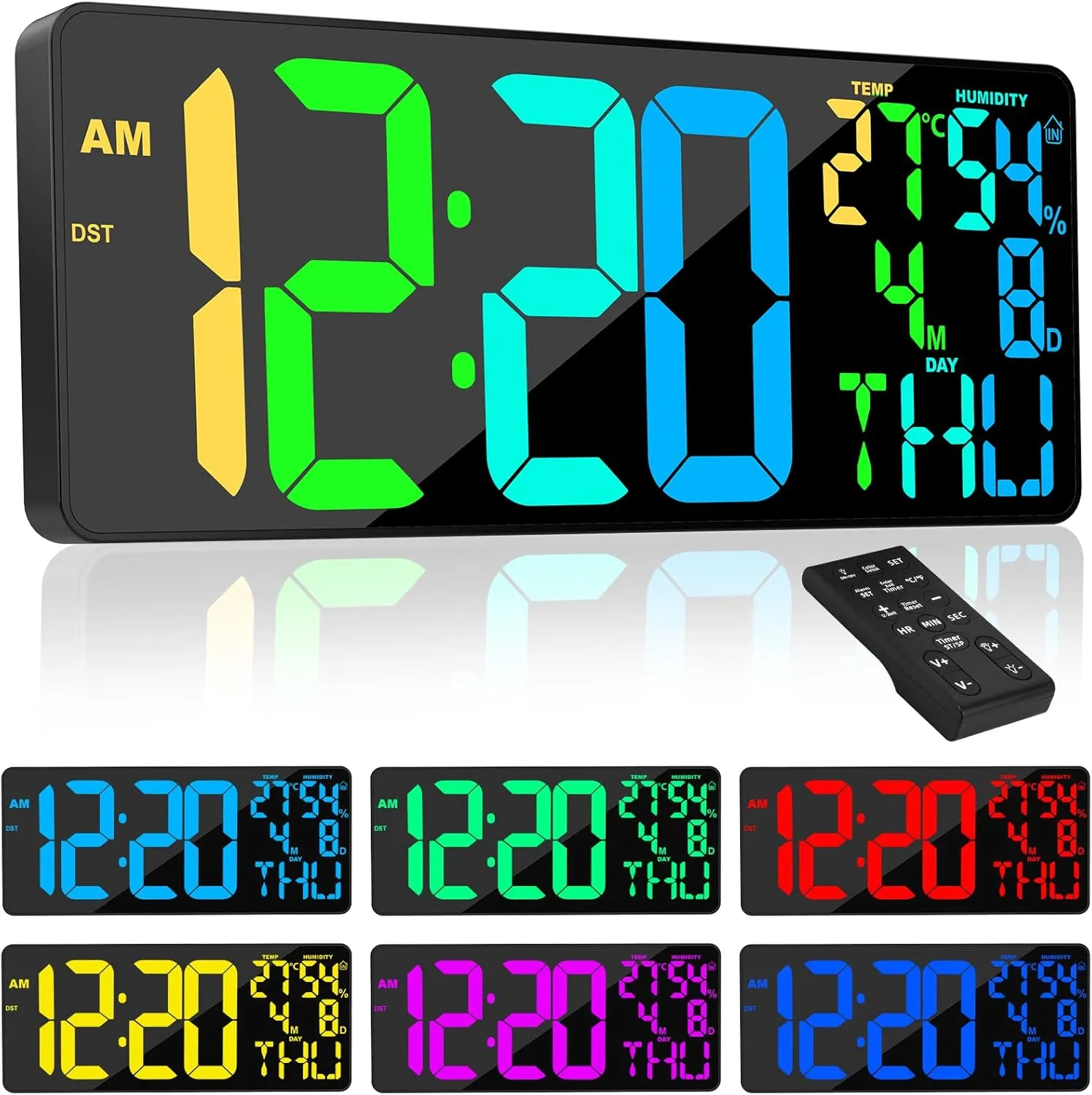 [Oversized] 18" Digital Wall Clock Large Display, 11 RGB Color Changing Large Digital Wall Clock with Remote, Date, DST, Temperature, Auto Brightness Digital Alarm Clock for All Spaces Use