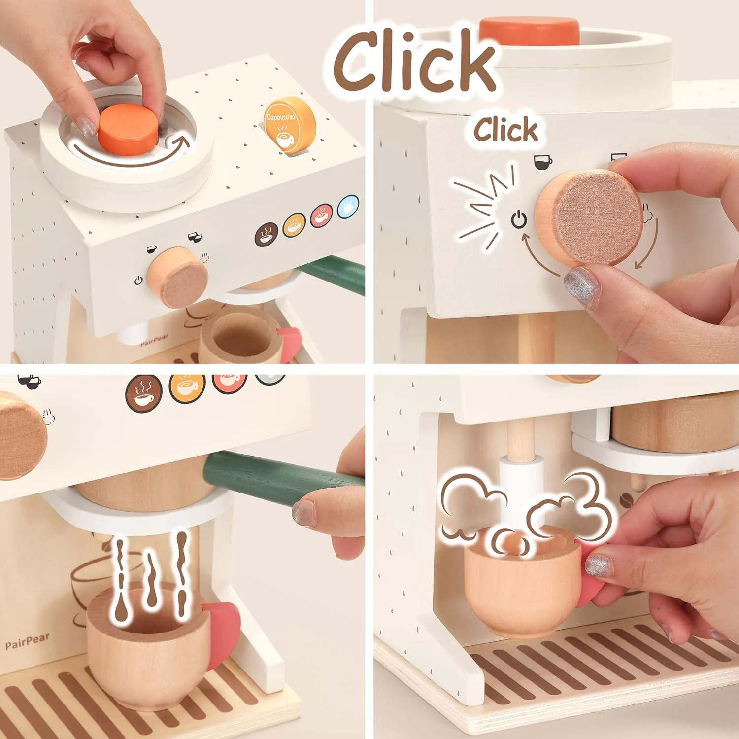 PairPear Wooden Espresso Coffee Maker Toy 18 Piece Barista Role Play Set with Pods, Cups & Cookies, Montessori Pretend Kitchen Accessory Gift for Toddlers & Kids Ages 3 