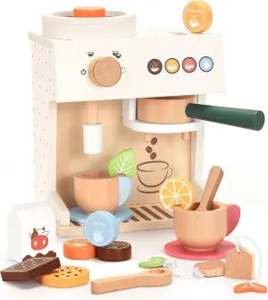 PairPear Wooden Espresso Coffee Maker Toy 18 Piece Barista Role Play Set with Pods, Cups & Cookies, Montessori Pretend Kitchen Accessory Gift for Toddlers & Kids Ages 3 