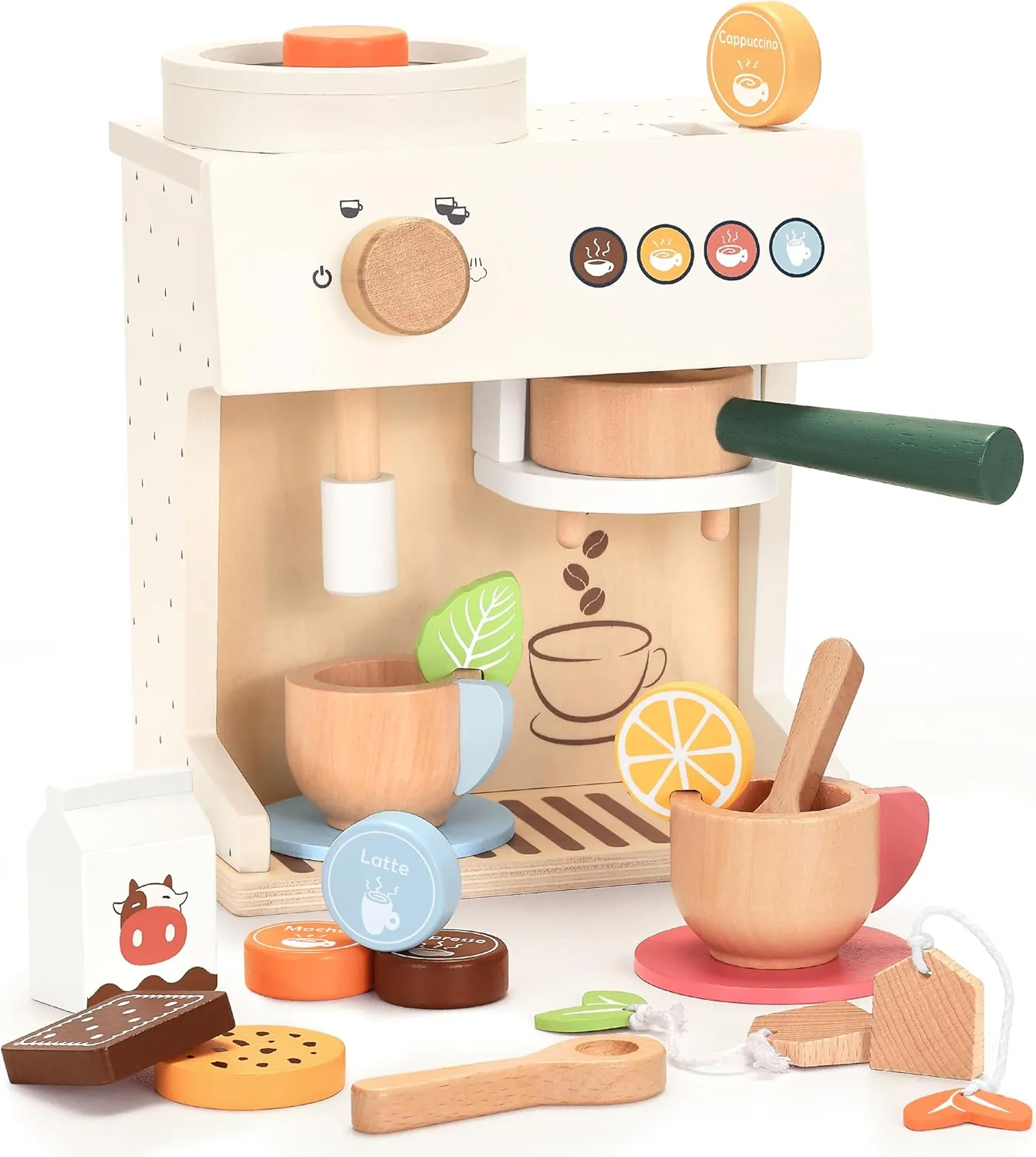 PairPear Wooden Espresso Coffee Maker Toy 18 Piece Barista Role Play Set with Pods, Cups & Cookies, Montessori Pretend Kitchen Accessory Gift for Toddlers & Kids Ages 3 