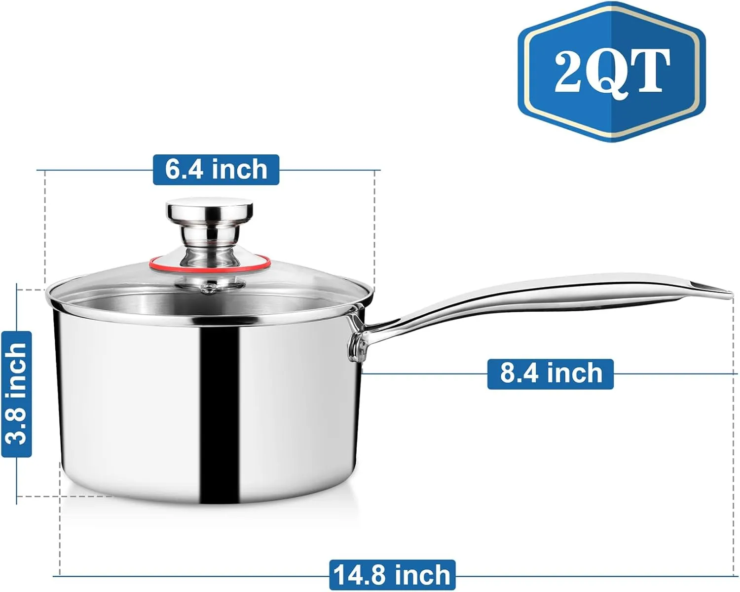 P&P CHEF 2 Quarts Tri-Ply Stockpot and Saucepan, Stainless Steel Sauce Pan with Lid, Cooking Induction Pot, Kitchen Cookware for All Stoves, Non-Toxic, Durable & Dishwasher Safe, 1 Piece