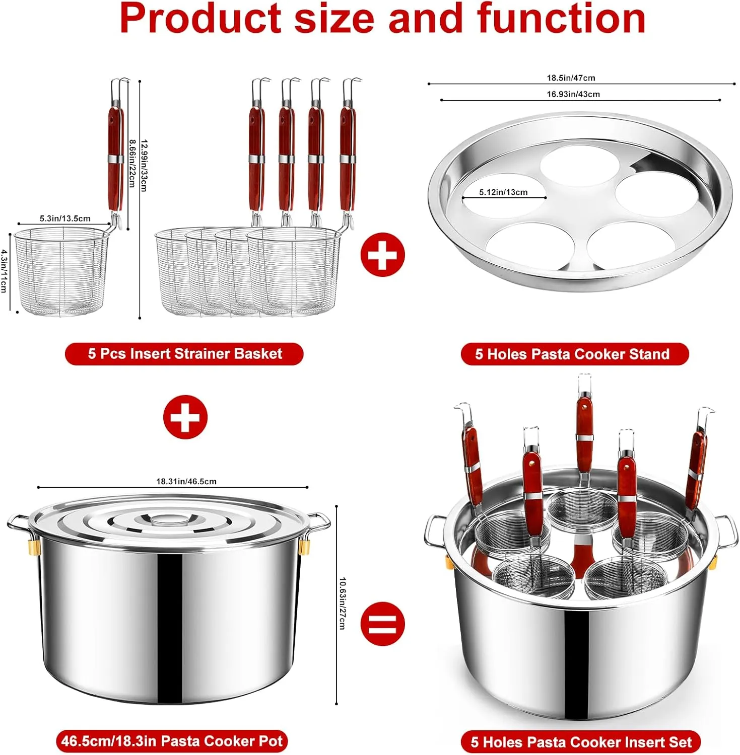 Pasta Cooker Insert Set Stainless Steel Pasta Pot With Strainer Basket Multipots Cooking Tool For Noodles Dumplings Pasta For Home Kitchen Restaurant,5 Holes